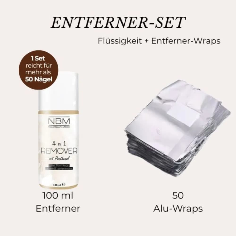 Gel Entferner Set – 4in1 Remover mit Panthenol + 50 Alu-Wraps